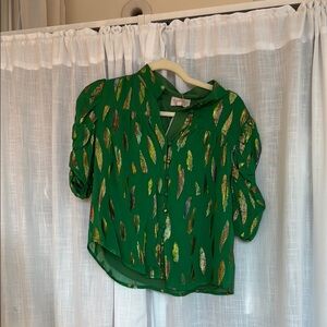 Green Blouse with Gold Leaf Pattern